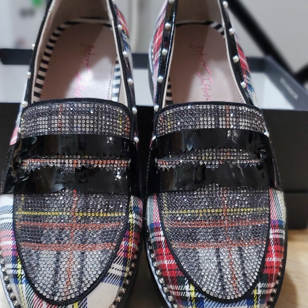 New in Box Betsey Johnson Multicolor Plaid Loafers with Rhinestones